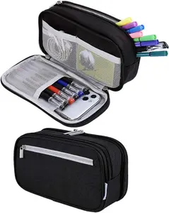 Big Pencil Case Large Capacity Pencil Bag Pouch 3 Multi Comparments High Storage Pen Holder Marker Holder Portable Office Stationery Organizer Supplies Makeup Cosmetic Bag Men Women (Black)