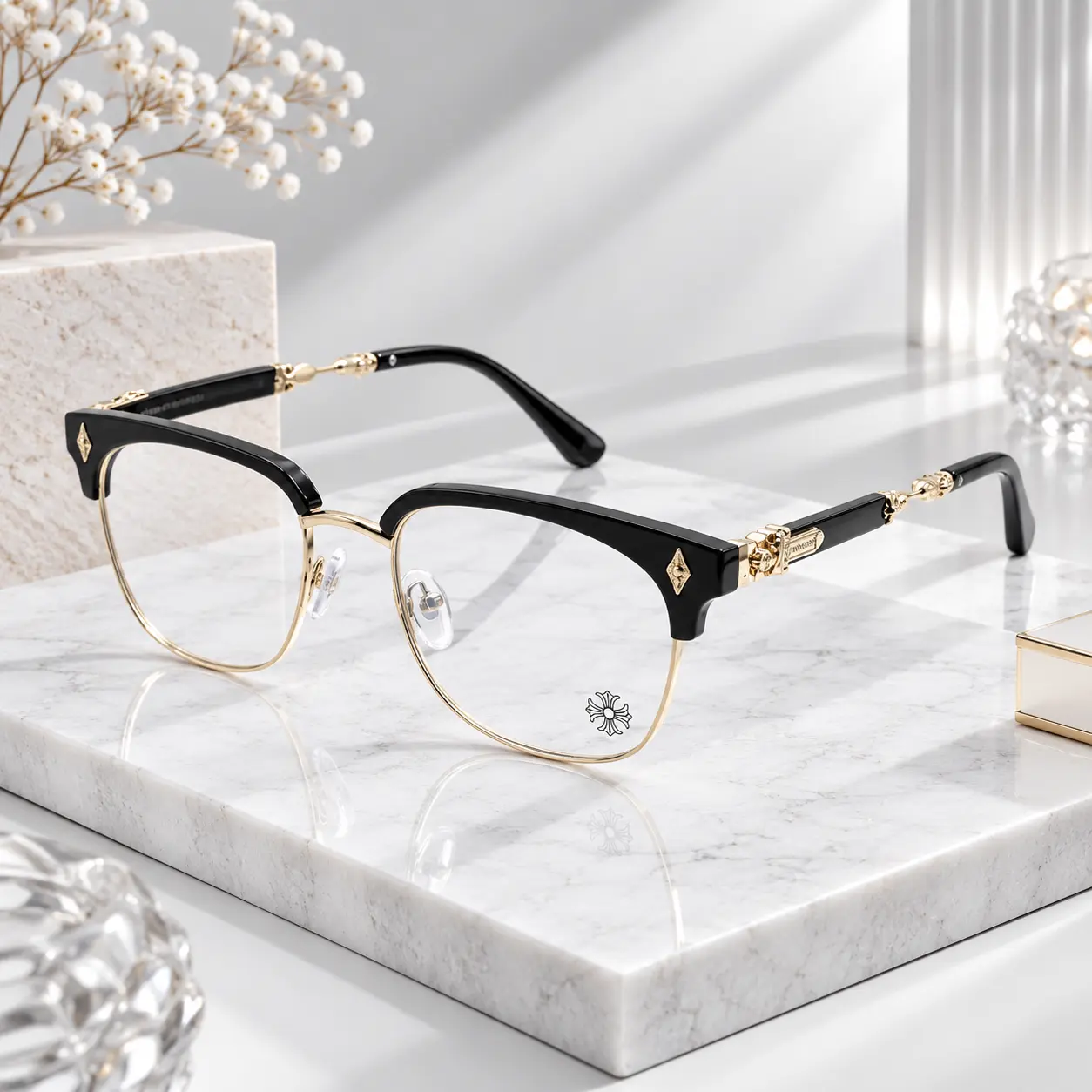 Chrome Hearts Gothic Cross Optical Glasses for Men & Women, Bold Black Square Acetate Frames, Retro Luxury Unisex Eyewear