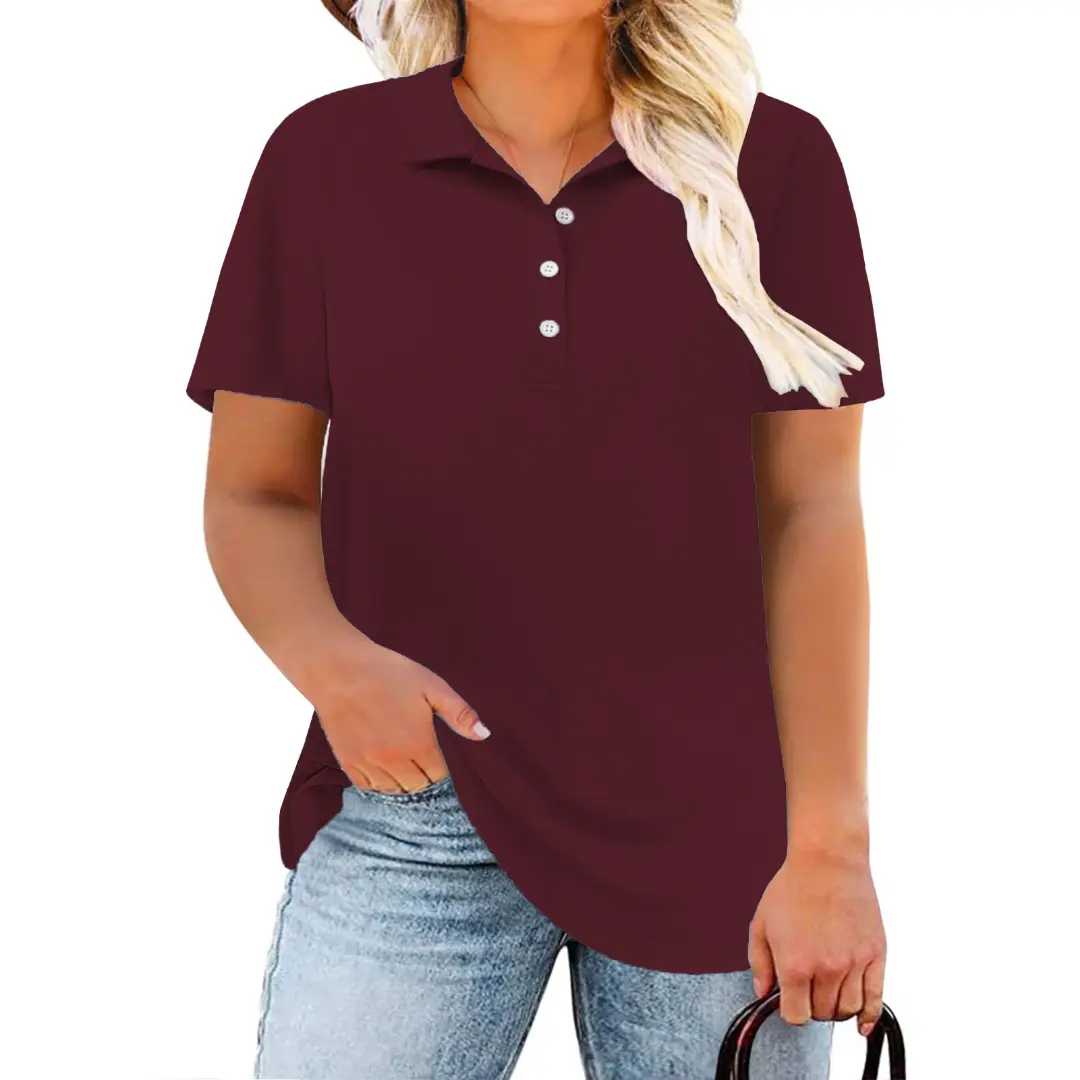 Women's Plus Size Polo Shirt, Short-Sleeve Collared V-Neck Tunic Blouse, Elegant Oversized Solid Top for Casual Work, Tops, Shortsleeve, Lady, Soft, Sexy, Feminine, Basic, Essential, Tunic Top