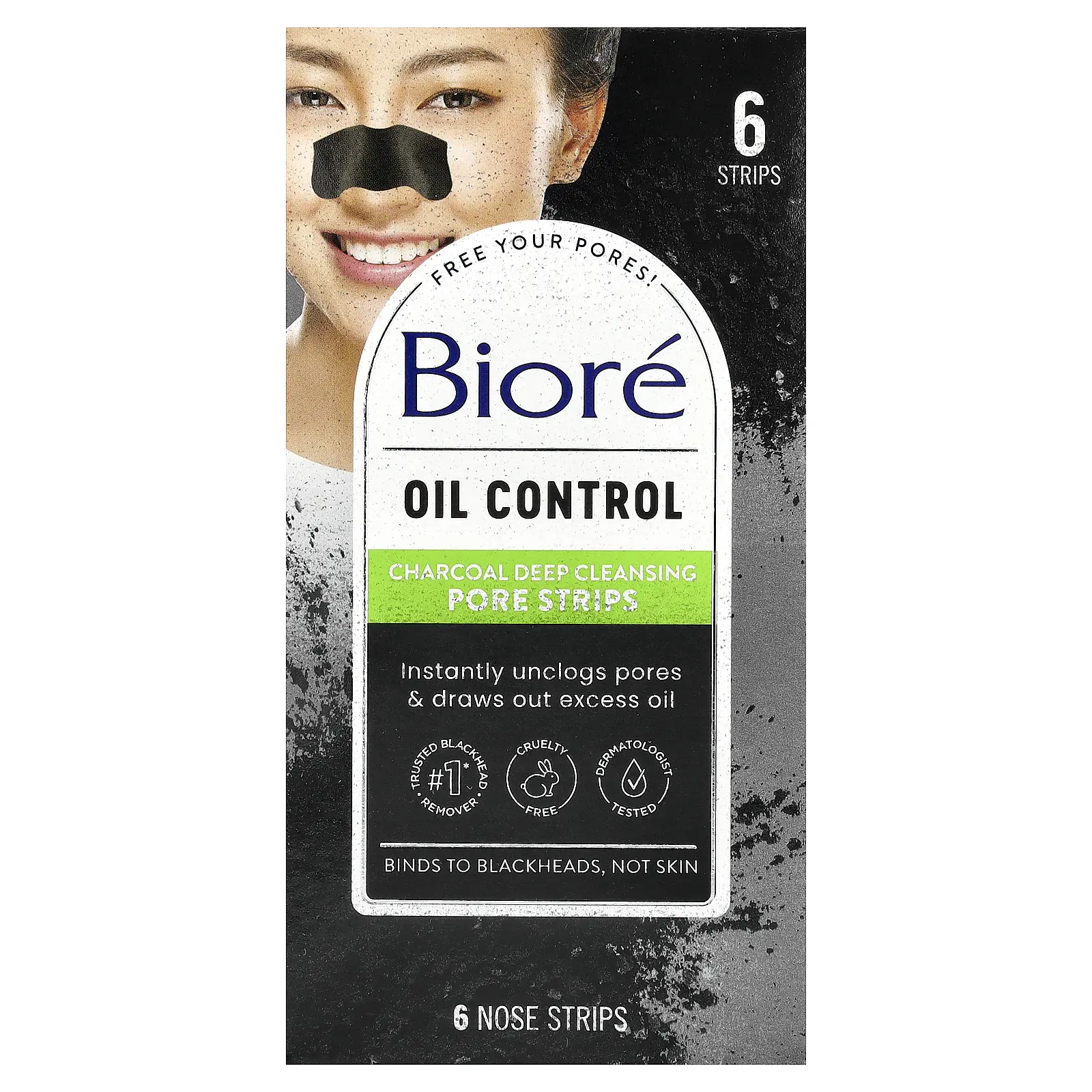 Biore Charcoal Deep Cleansing Pore Strips, Oil Control, 6 Nose Strips