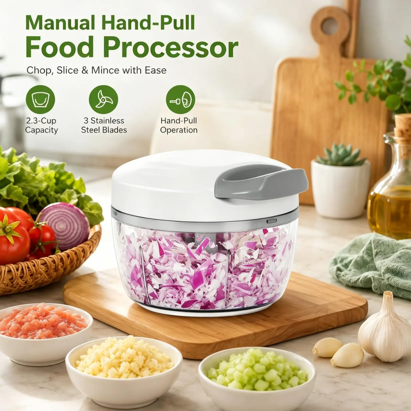 Cordless Manual Hand-Pull String Food Processor - Durable Vegetable Slicer, 2-Cup Capacity, 3 Stainless Steel Blades, 2.3-Cup Mini Mincer, Vegetable Chopper for Chopped Onions/Garlic, Home Use Kitchen Utensil, Slicer Dicer Cutter