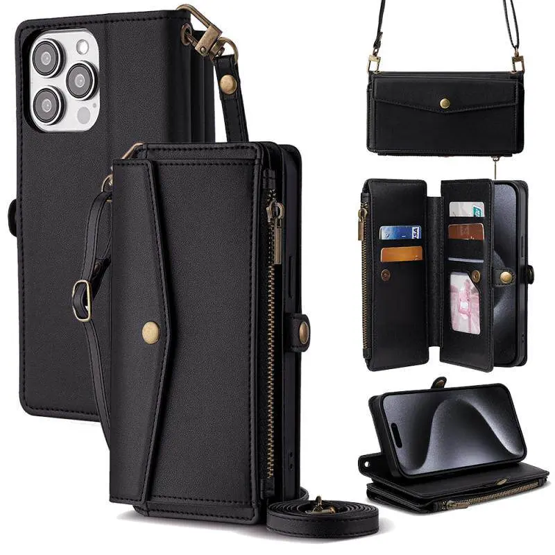 PU Leather Crossbody Wallet Smartphone Casing - Handheld Flip Purse Case with 5 Card Slots, Zipper Pocket, Adjustable Shoulder & Wrist Straps, Kickstand, Magnetic Closure, Multi-Functional Protection for iPhone 17/16/16Plus/15/14/13/12 Pro Max Air Devices
