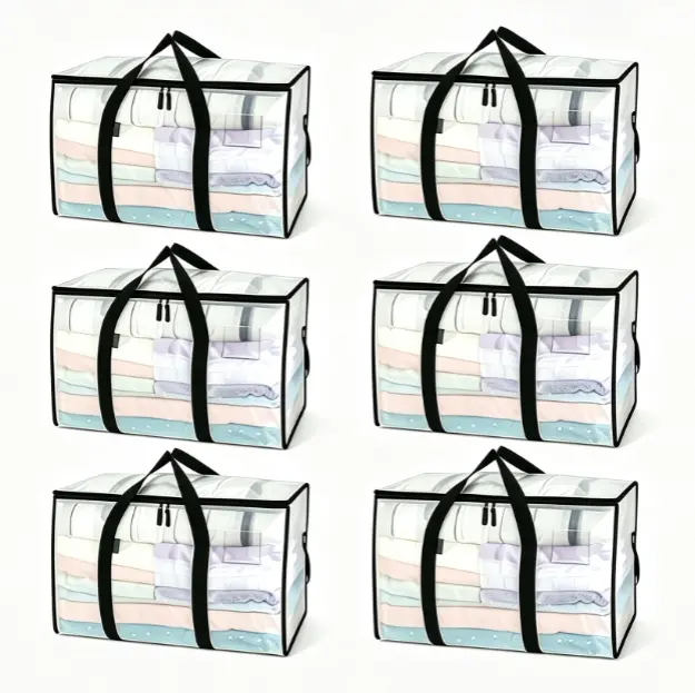 Large Capacity Moving Storage Bags Heavy Duty Waterproof Foldable Storage Totes with Reinforced Handles, Clear Clothes Organizer Storage Containers for Bedding, Blankets, Closet, Garage, Moving Supplies, Dorm Household Quilt Laundry Storage Bins Pack