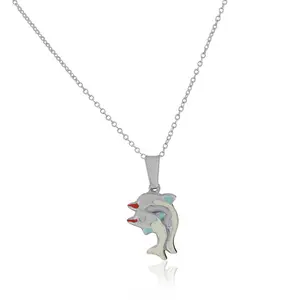 925 Sterling Silver 3D White Blue Enamel Two Dolphins Couple Charm Pendant Necklace