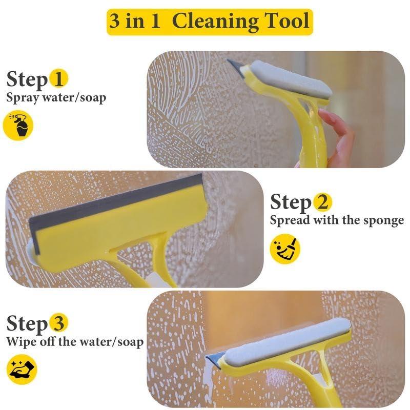 3 in 1 Glass Cleaner Squeegee with Sprayer - Streak-Free Window Cleaning Tool, Squeegee for Shower Glass, Ergonomic Handle Set , Yellow and White