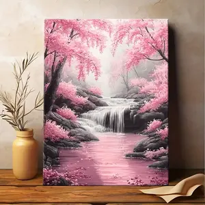 A wooden frame painting Pink cherry blossom trees with waterfalls Suitable as decorative art in living rooms, bedrooms and bathrooms.	