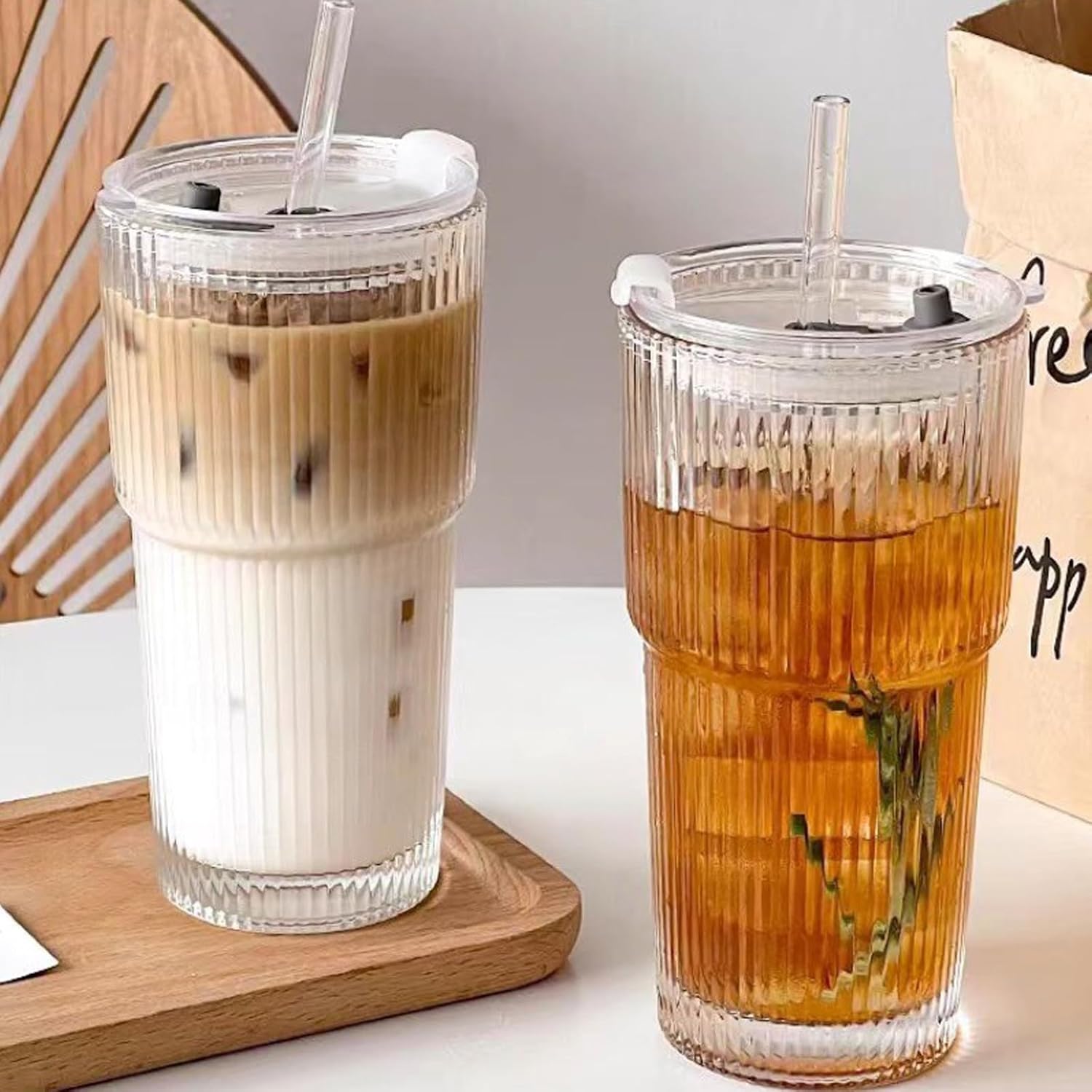 DWTS DANWEITESI 20oz Vertical Stripes Glass Coffee Cups with Lid & Straw Set of 4 Premium Thickened Glass for Iced Coffees Cocktails Juices Family Use & Parties Leak Proof Tumblers Drinking Glassware Beverage