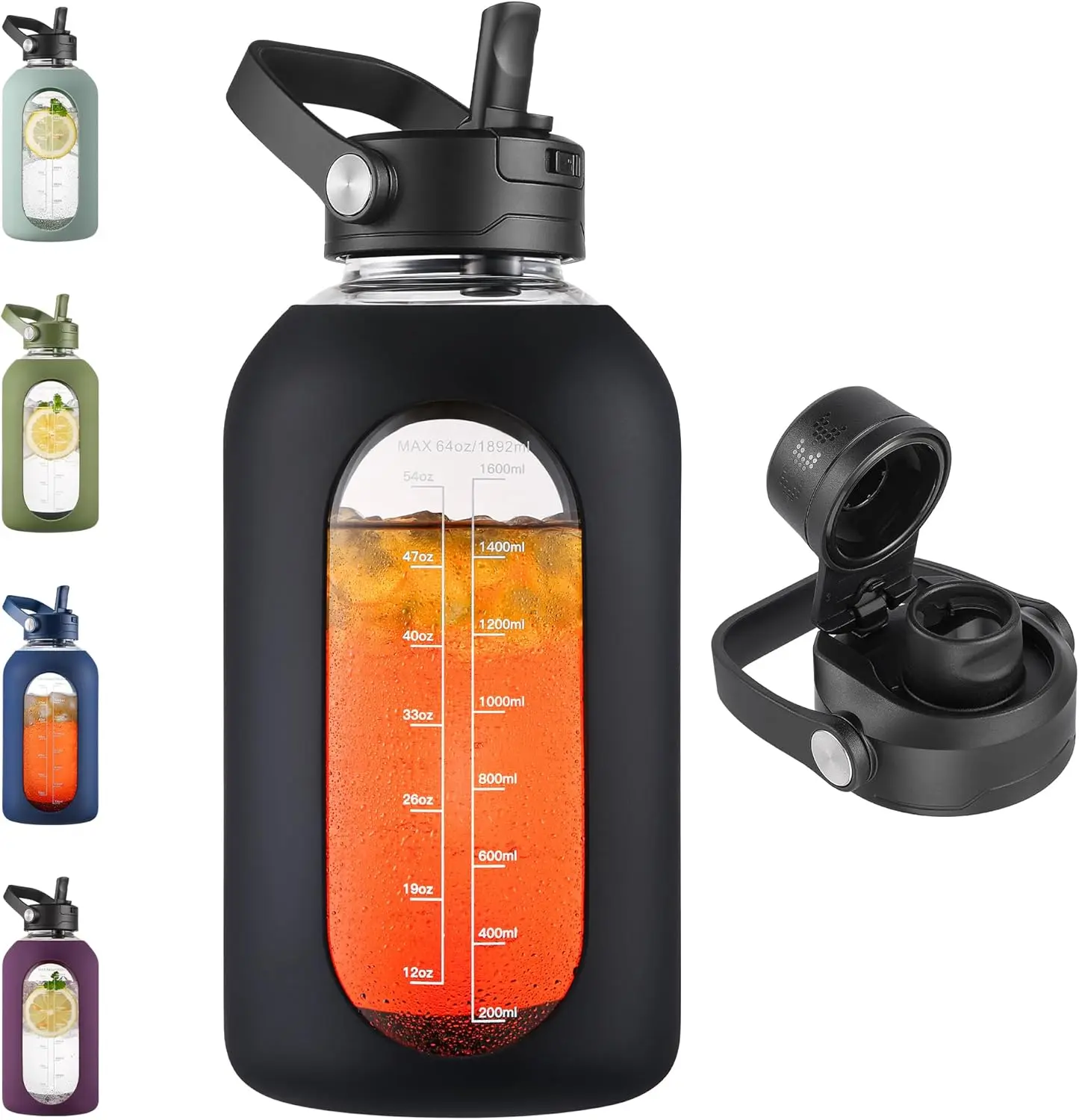 64 oz Glass Water Bottle with Detachable Straw, Half Gallon Water Jug with Bucket Handle, Sports Motivational Water Bottle with Time Marker and Silicone Sleeve, Large Flask Cup for Gym, Black