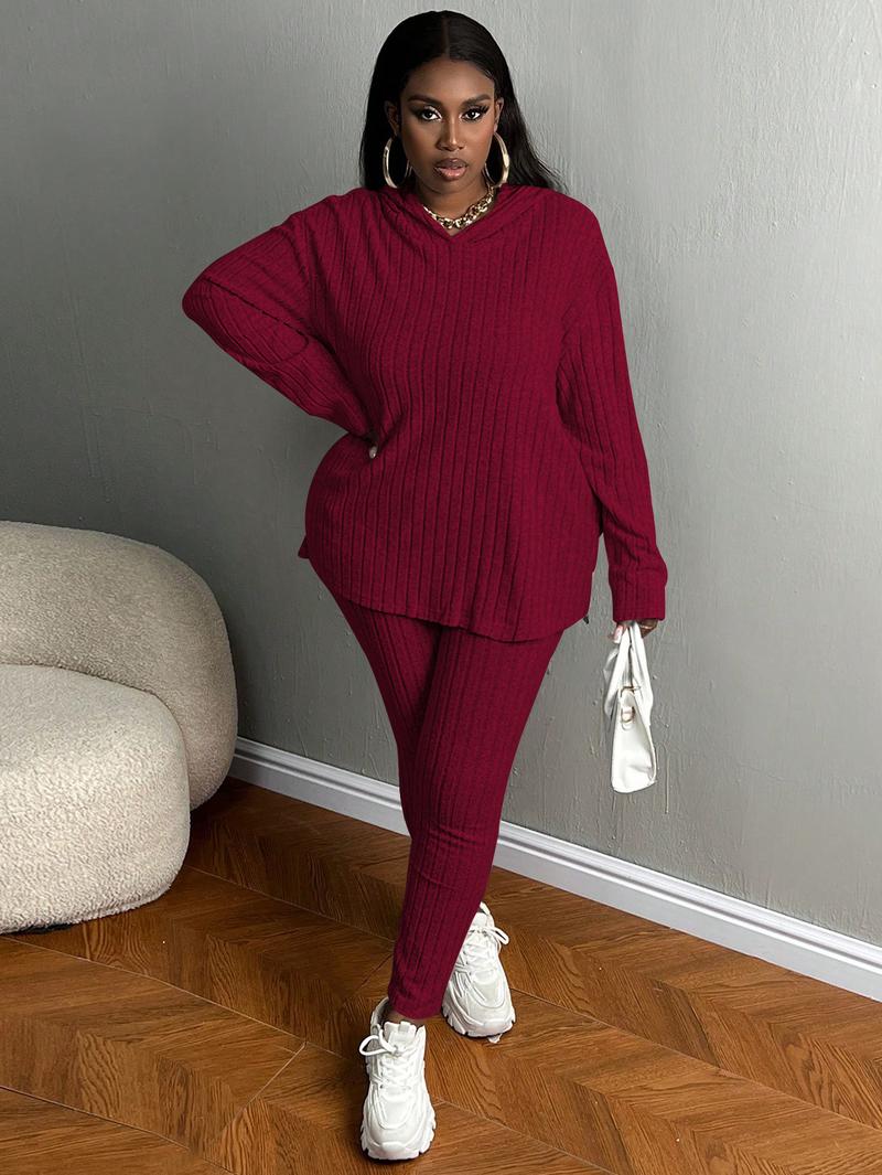 USBOUTIQUECHIC Plus Size Women's Solid Textured Ribbed Hoodie & Elastic Waist Pants Set, Casual Cozy Ribbed Knit Outfits for Fall & Winter, Baggy Matching Suits for Daily Wear