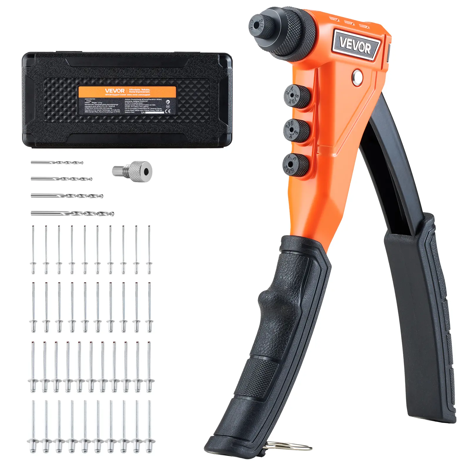 VEVOR Heavy Duty Single Hand Manual Rivet Tool Kit - Quick Change Press Handle, Thickened PVC Grip Feels Secure, 200 Multi-Size Blind Rivets, 4 Nosepieces, 4 Drill Bits, Case, Release to Eject, Tools Stable on Metals for Repairs to DIY Projects