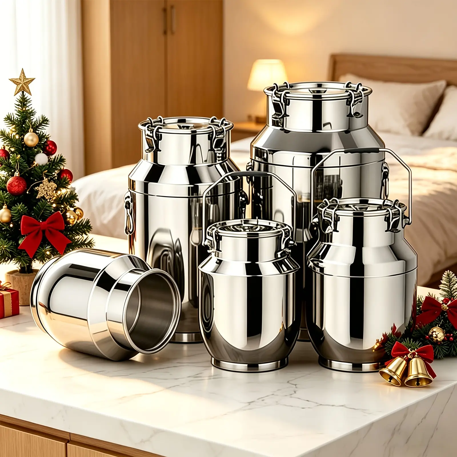 Stainless Steel Airtight Food Storage Container with Locking Lid & Handles, Leak-Proof Milk Can Wine Barrel, Large Capacity Storage Bucket for Grain Rice Oil Tea Fermentation, Food Grade Storage Can for Home & Commercial Use