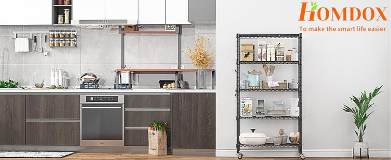 5-Tier Wire Shelving Unit on Wheels, Garage Storage Rack, Metal Shelves with Wheels, Rolling Shelving for Kitchen, Pantry, Move at Will, Super Load-bearing Capacity 900lbs Bookshelf Organizer Stand Black