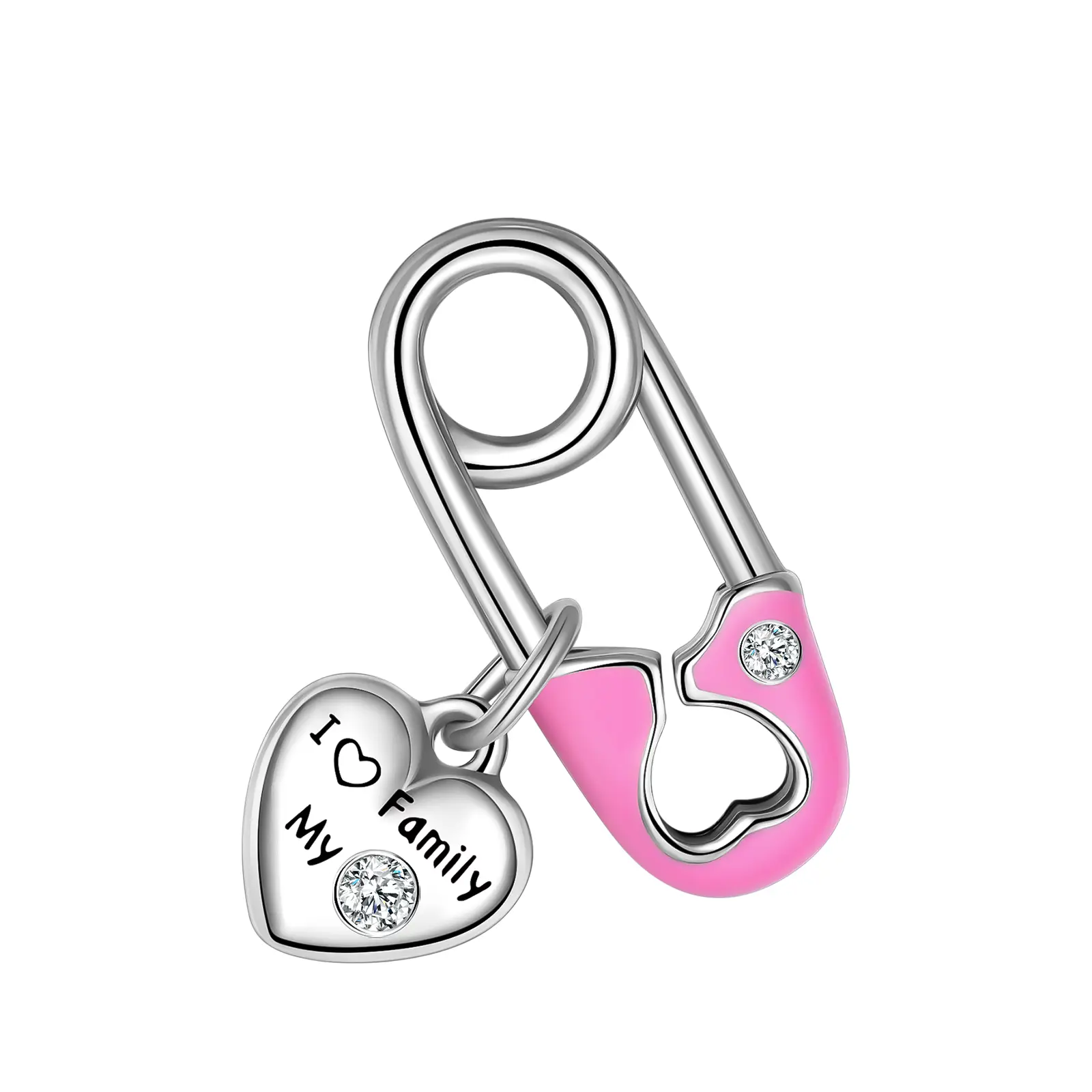 Family Heart Safety Pin Dangle Charm, 925 Sterling Silver, Pink Enamel Safety Pin, “I Love My Family” Engraved Heart, Clear Accents for Bracelets, Family Jewelry & Sentimental Gifts — Silver, The Perfect Gift for Women
