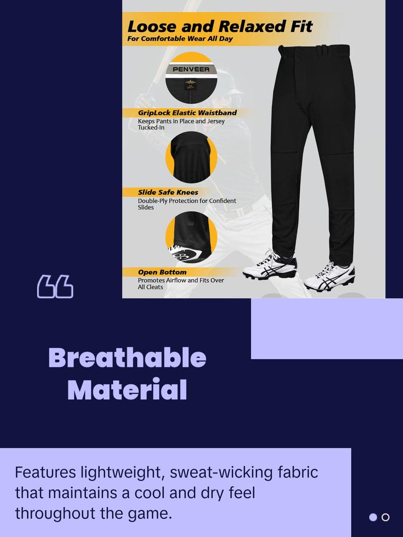 Penveer Full Length Men's Baseball Pants, Open Bottom, Loose Fit Adult Baseball Pants with Adjustable Length (Black) Athletic Tracksuit Soft Jogger Trousers