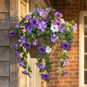 2Pcs Artificial Flowers for Outdoor Decoration,Spring Faux Morning Glory Look Real Silk Purple White Flowers for Outside Planter UV Resistant Fake Flowers No Fade Floral for Home Garden Balcony Yard Porch Decor(vase not included)