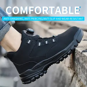 Men’s industrial work shoes — anti-slip steel-toe shoes with a polyurethane leather upper and a rotating buckle design; suitable for construction sites, factories, everyday wear, warehouses, modern work attire, and outdoor labor work.