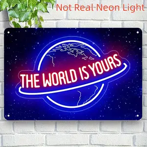 2D Flat Not Real Neon Light 8x12 Inches Inspirational The World Is Yours Aluminum Sign Perfect Wall Decor for Dream Chasers Creative Desktop Decoration Motivational Plaque