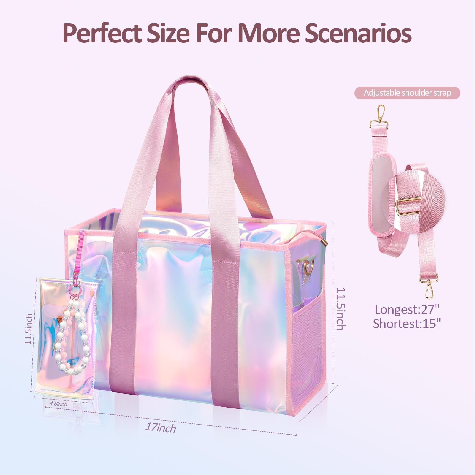 Crawing Beach bag Iridescent 26L Tote Bag Waterproof Clear Bag for Women with Zipper & Phone Pouch Tip-Proof Crossbody Bag Travel Bag