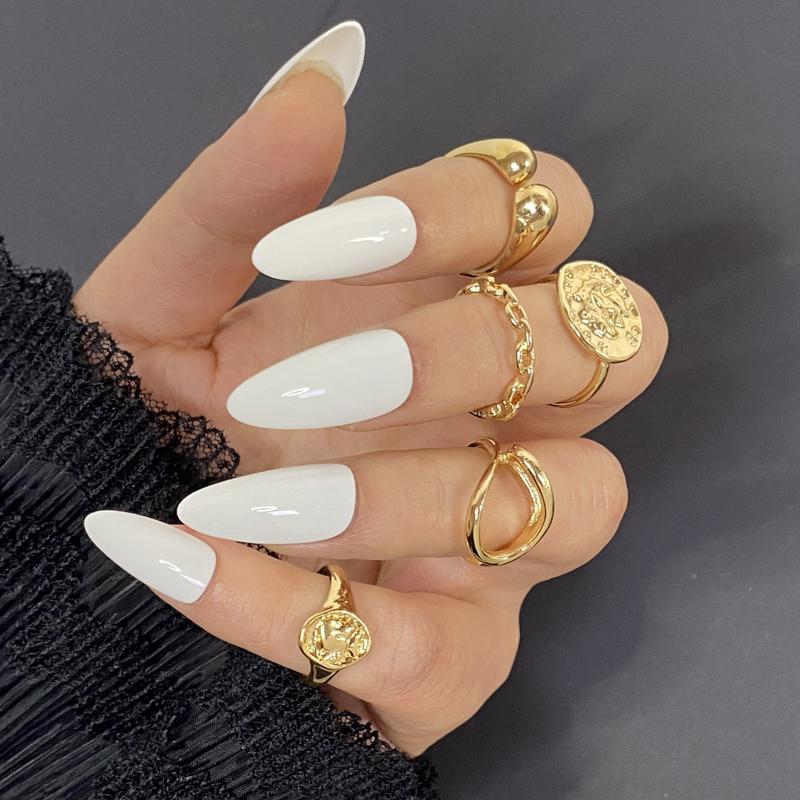 Fashion Solid Color Press-on Nails, Almond Shape • White, Pollen Ice Translucent, Mirror Gold, Rose Gold • Simple & High-end Look, 24pcs