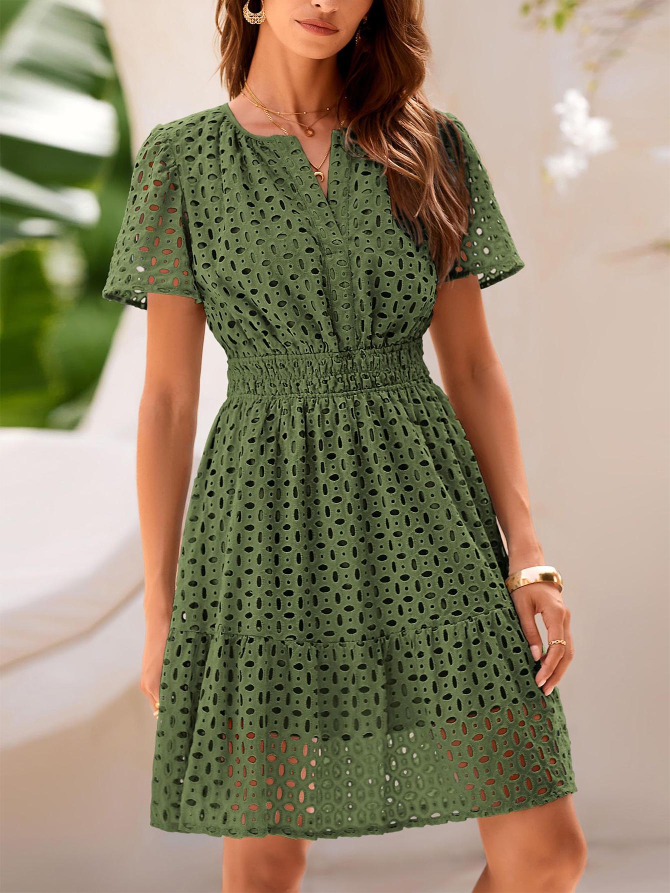 PrettyGarden Women Summer Short Dress V Neck Short Sleeve A Line Hollow Out Lace Ruffle Cute Casual Beach Party Formal Dresses,-Chic Womenswear Army Green Basic PrettyGarden Women Summer Short Dress V Neck Short Sleeve A Line Hollow Out Lace Ruffle Cute Casual Beach Party Formal Dresses,-Chic Womenswear Army Green Basic