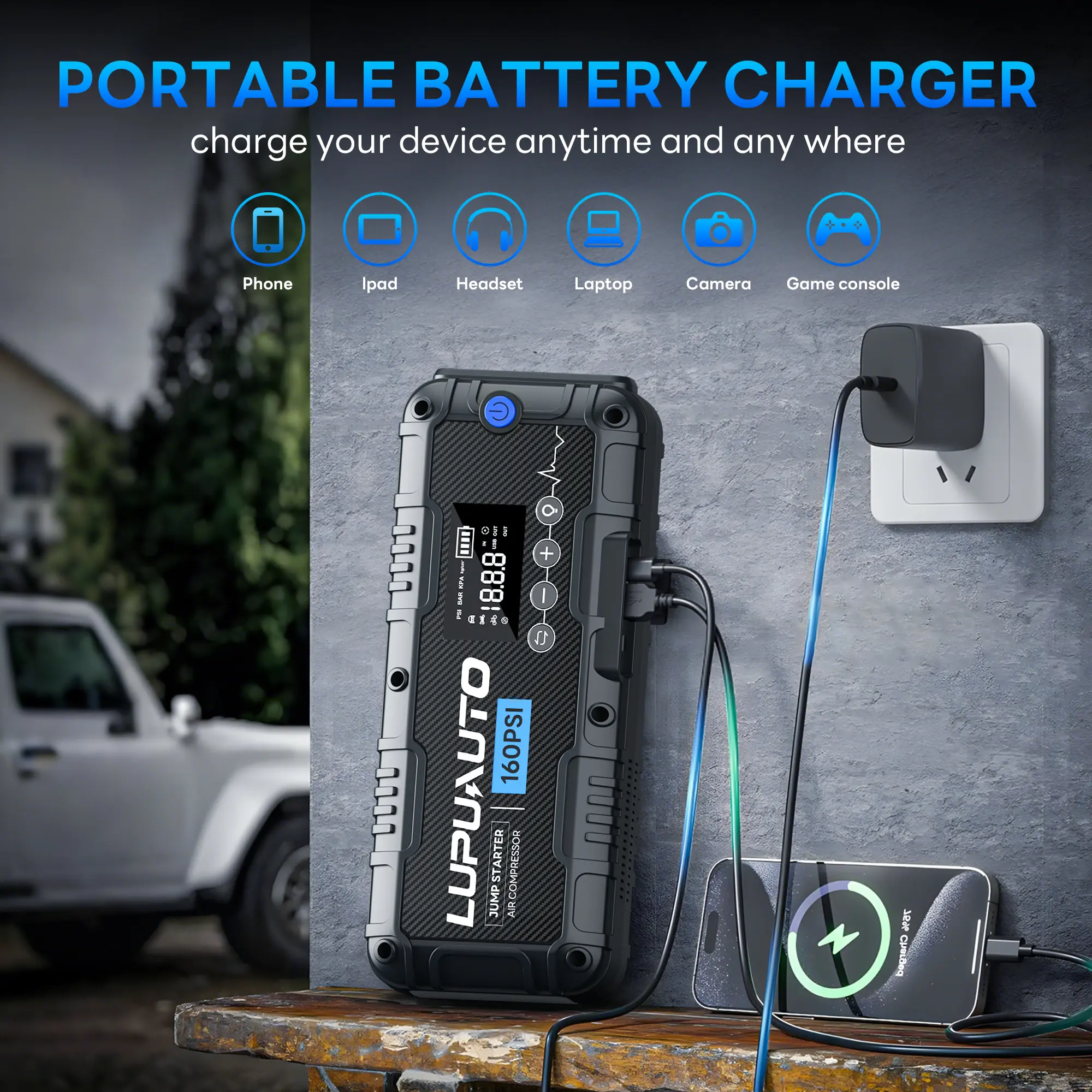 Lupuauto 12V Car Jump Starter with 160PSI Air Compressor, Battery Booster, LCD Display, LED Light - Car Repair Tools, Automotive Maintenance Tools