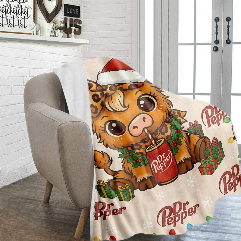 Cartoon Cute Highland Cow Pattern Blanket Dr Pepper Soft Warm Throw Blanket soft fluffy slogan print fleece decorative giftable heartfelt gift