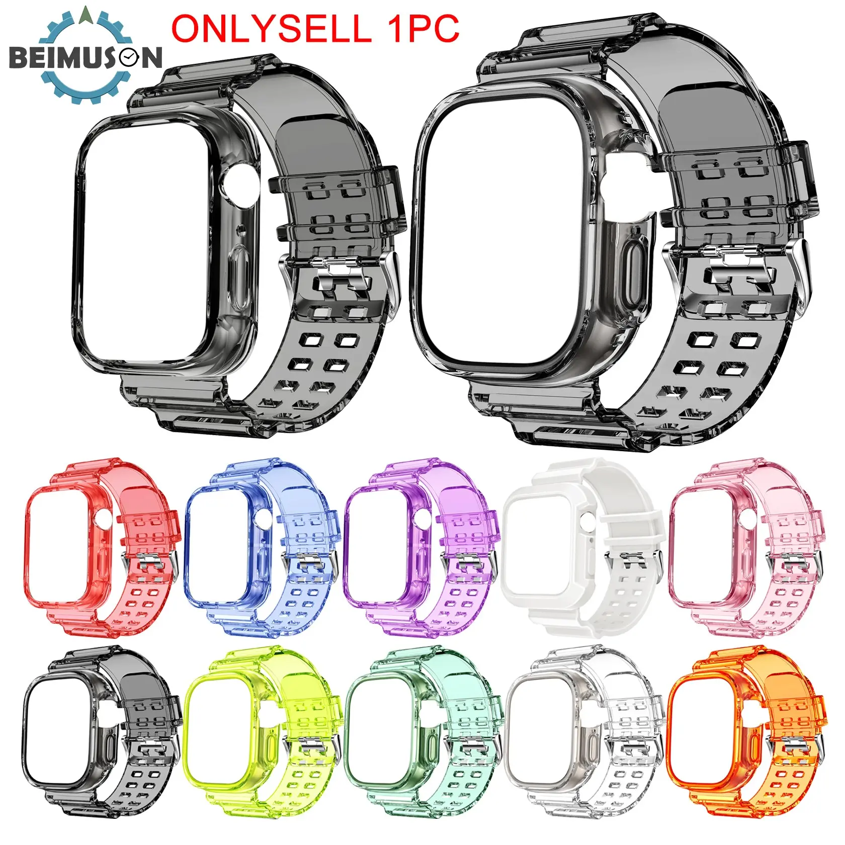 For Apple Watch Candy Color Clear Band + Case 49mm 46mm 45mm 44mm 42mm 41mm 40mm 38mm, Clear Crystal Sport Band with Protective Bumper Case for iWatch Series 11/10/9/8/7/6/5/4/3/2/1 SE Ultra Smartwatch Wearable Accessories
