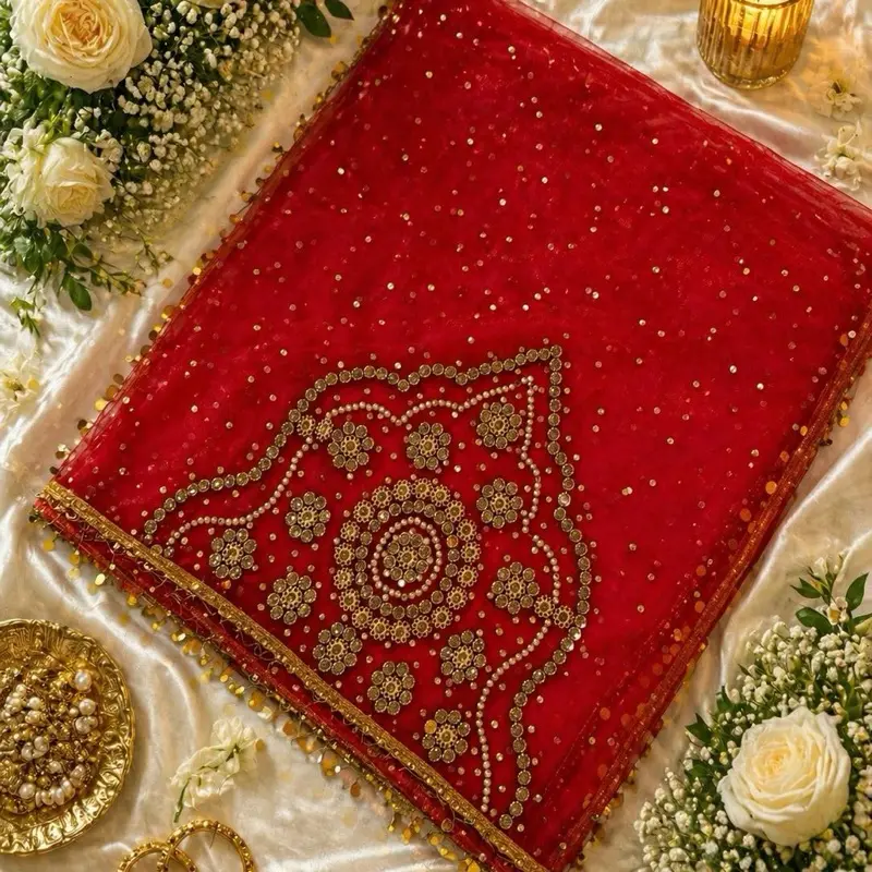 Elegant Bridal Nikah Shawl – Soft Luxury Fabric with Traditional Embroidery for Wedding & Special Occasions
