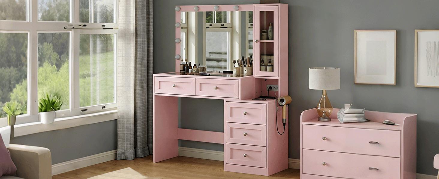 CollaredEagle 43" W Vanity Desk with Mirror & 11 Lights, 5 Drawer Modern Makeup Desk with Glass top  3 Lighting Modes Brightness Adjustable,,Vanity Table with Power Outlet.