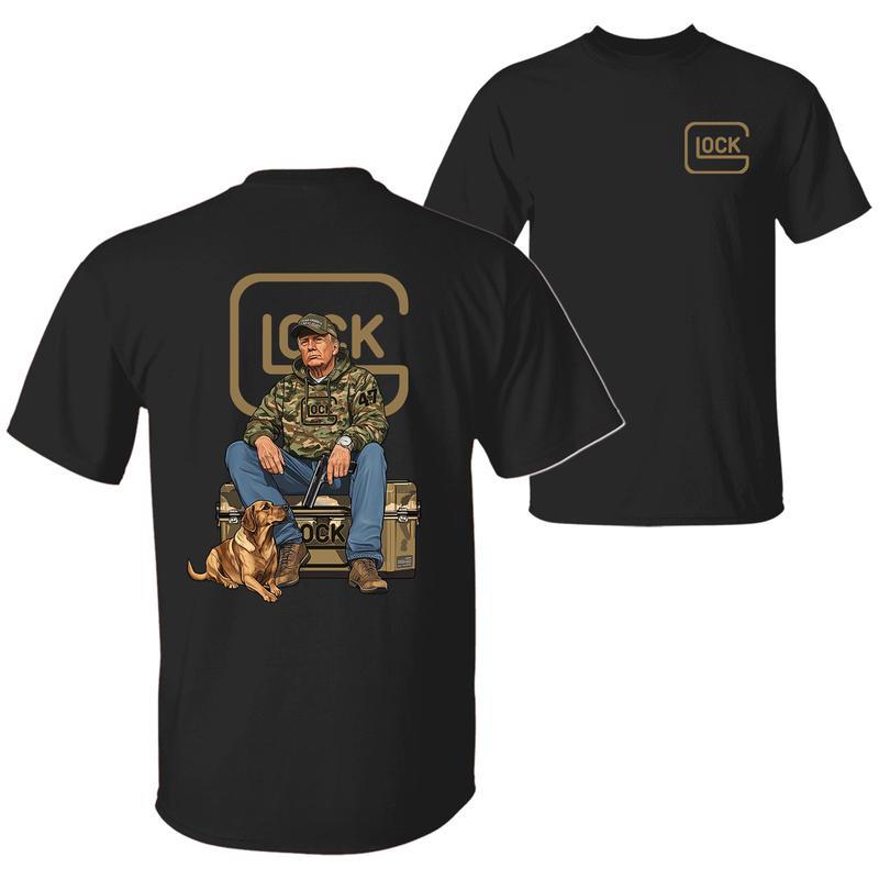 The 47th President Trump Holding a Glock Sitting Next to a Hunting Dog Shirt, Camo Hunting Season Crewneck Unisex Cotton T-shirt 052