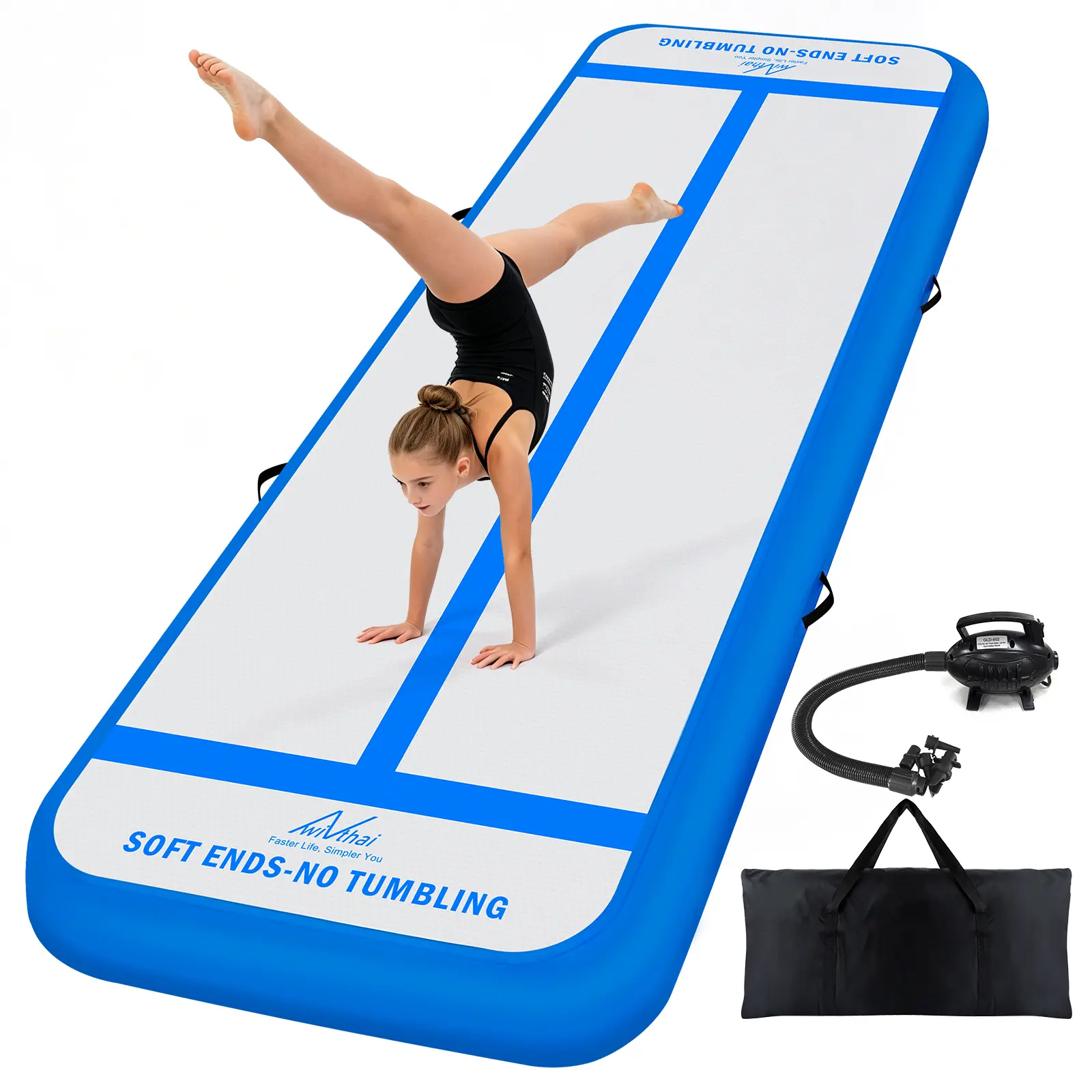 Inflatable Gymnastics Tumbling Mat with 2-in-1 Safety Guide Lines | Edge Safety & Center Lines, Thick Tear-Resistant PVC, Fast-Inflation Air Pump, for Home Tumbling/Cheerleading/Yoga/Practice