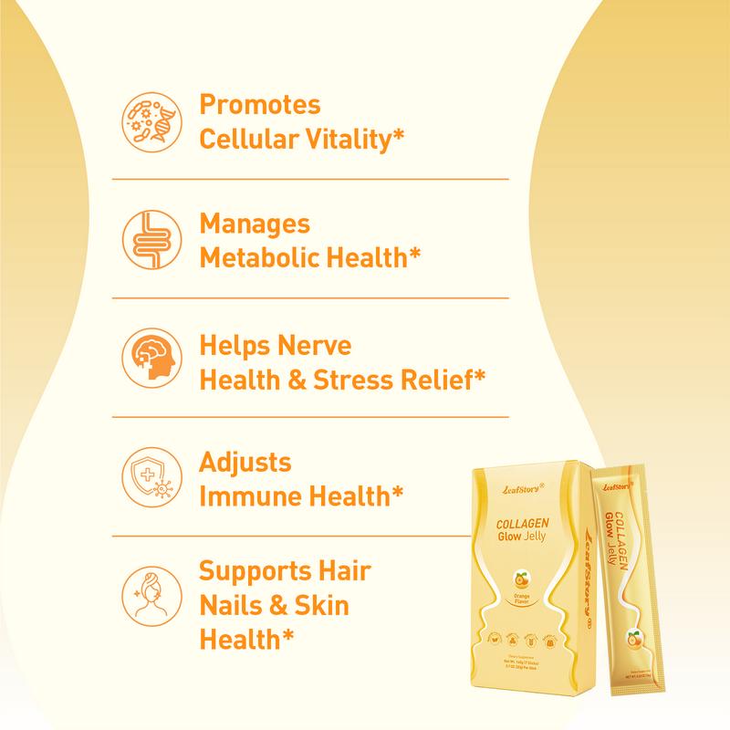 【$9.9 Only】LeafStory Collagen Glow Reset Jelly (7 Sticks): Orange Flavor, Collagen, Chia Seeds, Support Skin Health & Elasticity, Support Hair & Nails, Stress Relief & Nerve Health, Sugar-Free, Gluten-Free, Non-GMO, Gelatin-Free, Natural Ingredients