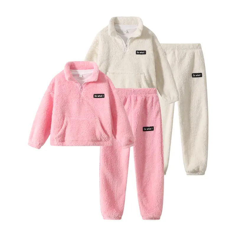 #backtoschool Girls' 4-Piece Solid Color Fleece Set, 3-12 Years Halloween Costume With Letters Accessories, Autumn-Winter Plush Long-Sleeve Semi-Zipper Sweatshirt & Pants, Girlclothes Kids Clothing Girls, Polyester
