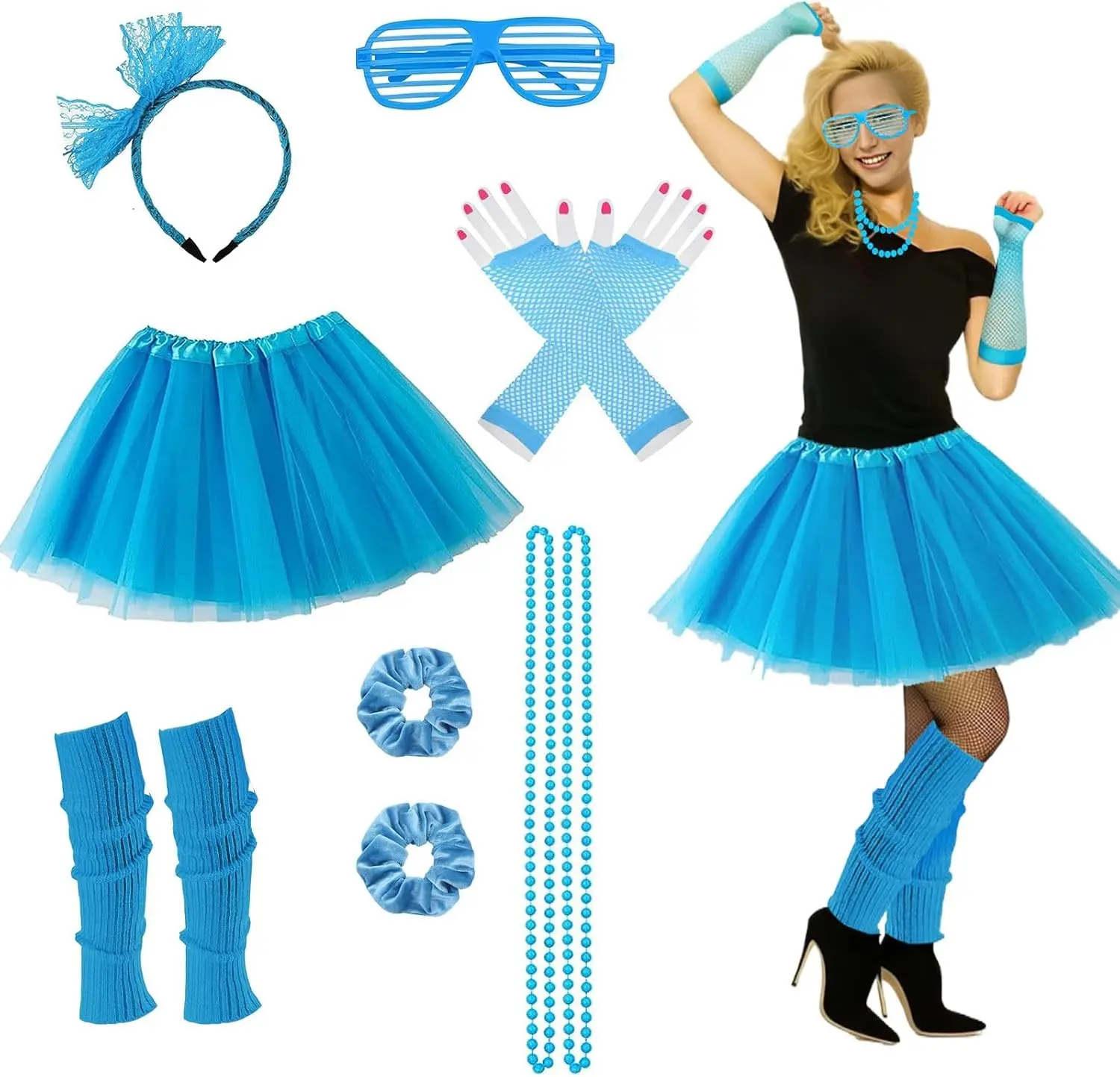80s Outfit For Women Party 80's Accessories 7pc 70s 90s 1980s Costumes with Blue Tutu Neon Leg Warmers