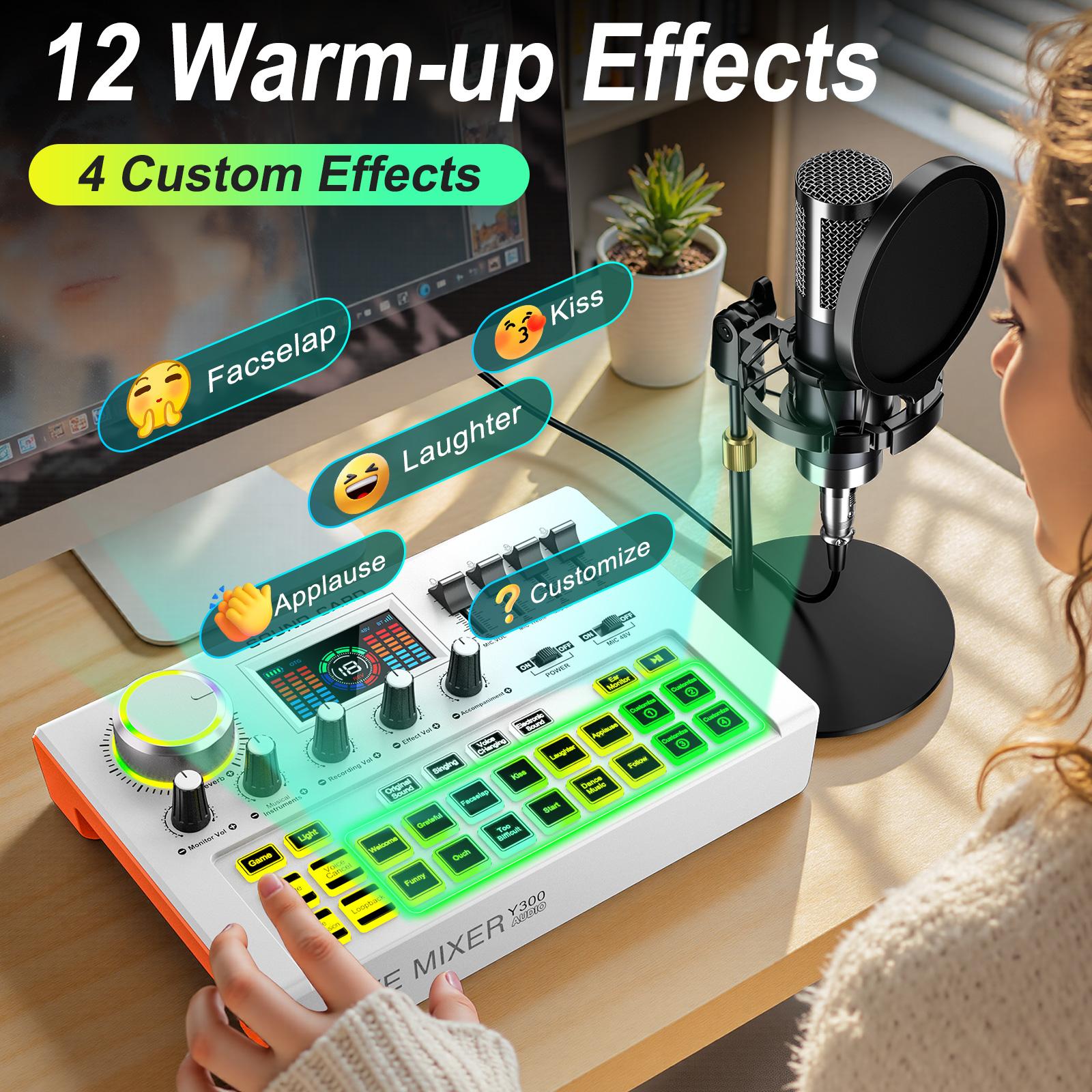 Y300 Audio mixer Podcast Equipment Bundle, Audio Interface with Cardioid Designer P15 Mic for Gamer and All-in-One DJ Mixer, Perfect for Live Streaming, Singing, YouTube, Gaming