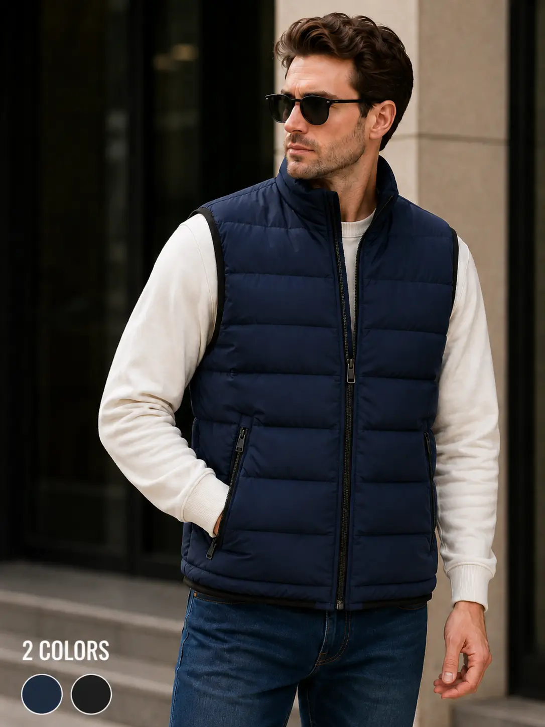 Men’s Lightweight Quilted Fabric Puffer Vest - Full-Zip, Stand-Collar, Sleeveless Waistcoat with Zipper Pockets, Fitted Cut, Warm Casual Layering for Fall & Winter (Black/Navy Blue)