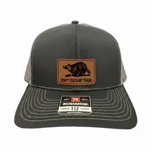Don’t Touch My Trash Trucker Hat with Leather Patch – Richardson 112 Adjustable Mesh Cap, Funny Raccoon Design Gift for Men