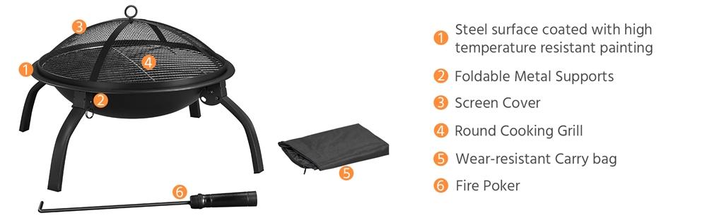 Yaheetech Fire Pit Foldable Iron Fire Pit Wood Burning Firepit Portable Outdoor for Bonfire Camping BBQ w/Mesh Lid Wood Grate Cooking Grill Fire Poker Carrying Bag