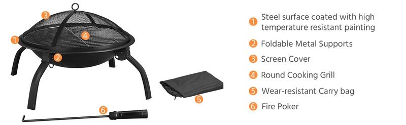 Yaheetech Fire Pit Foldable Iron Fire Pit Wood Burning Firepit Portable Outdoor for Bonfire Camping BBQ w/Mesh Lid Wood Grate Cooking Grill Fire Poker Carrying Bag
