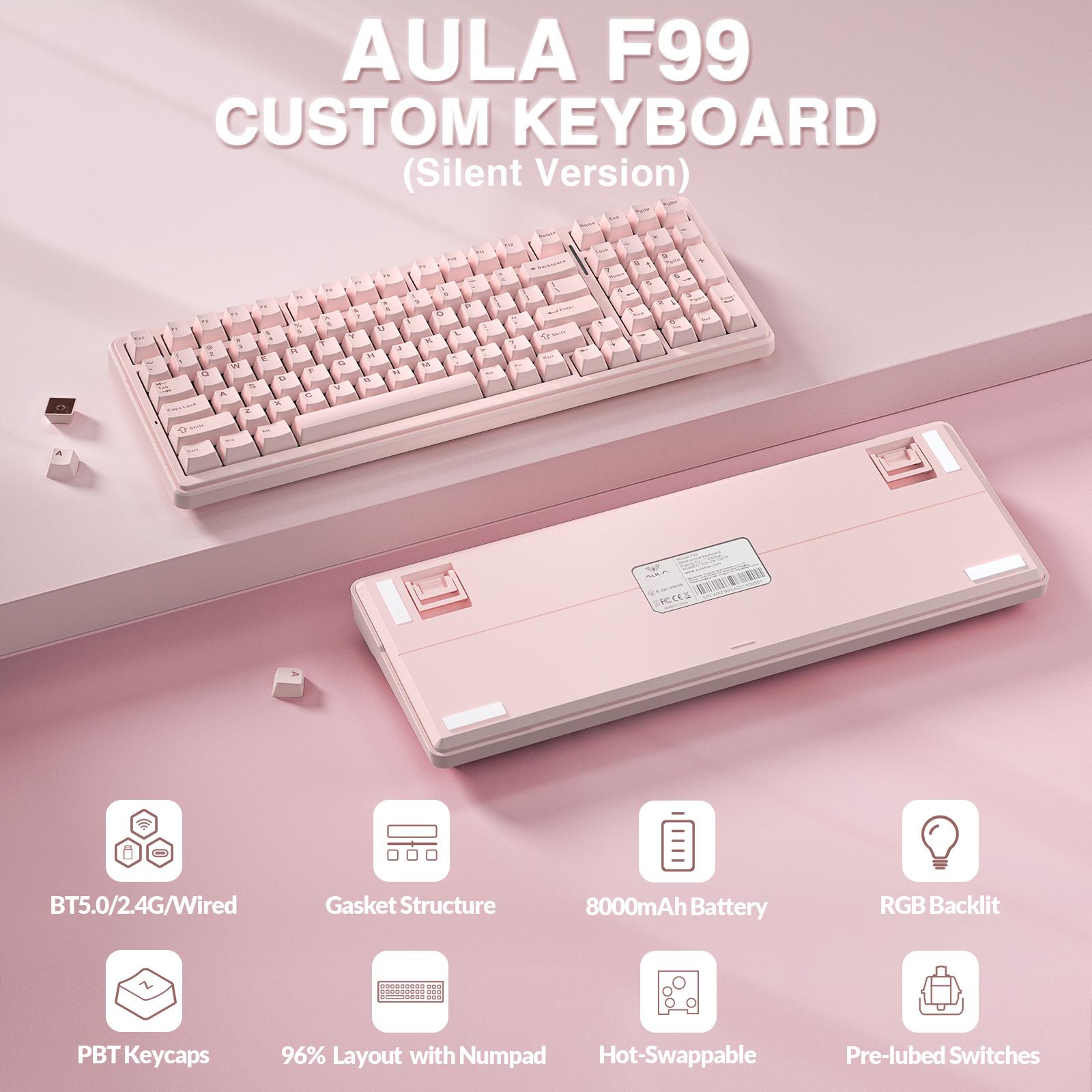 [Silent] AULA F99 Wireless Mechanical Silent Keyboard with Numpad Tri-Mode BT5.0/2.4GHz/USB-C Gasket Hot Swappable RGB Backlit Pre-Lubed Linear Switch Creamy Gaming Keyboard Light Pink