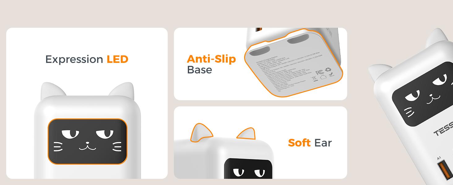 Tessan PD 65W Lucky Cat USB Charging Station for Multiple Devices, Desktop Tower Cat-Shaped Charging Companion with 4 USB Ports for Smartphones, Tablets, Pads and Other Electronic Devices in Office Home Dormroom