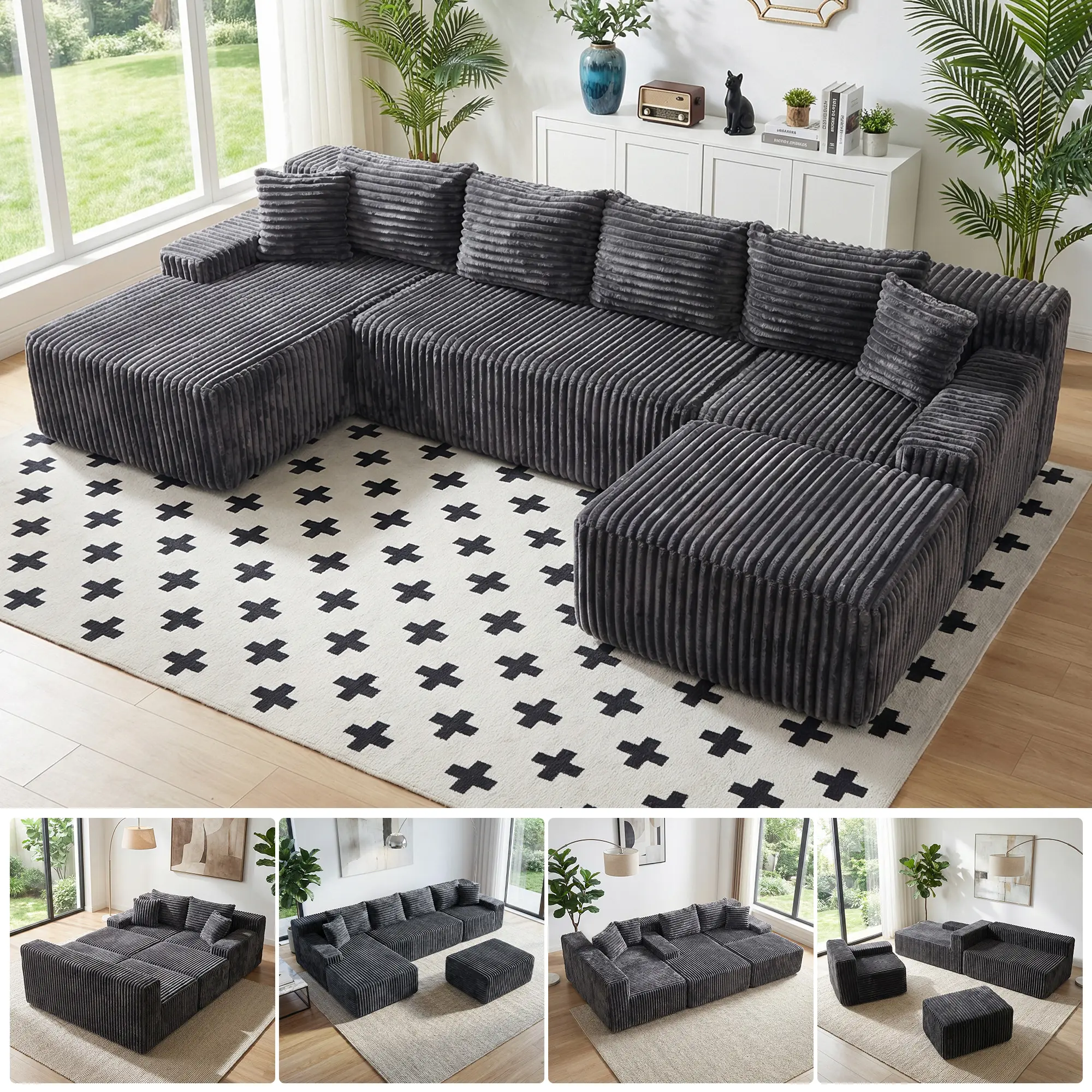Winzoo 126" Cloud Sectional Couch Boneless Couch for Living Room, Oversized 6 Seat Convertible Modular Sectional Sofa Bed with Ottoman,Corduroy U Shaped