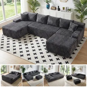 126" Cloud Sectional Couch Boneless Couch for Living Room, Oversized 6 Seat Convertible Modular Sectional Sofa Bed with Ottoman,Corduroy U Shaped