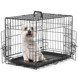 Small Dog Crate with Divider Panel24 Inch Double Door Folding Metal Wire Dog Cage with Plastic Leak-Proof Pan Tray Pet Kennel for Indoor Outdoor Travel
