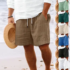2025 Cotton Linen Shorts Multi-Pocket Drawstring Men's Striped Beach Shorts