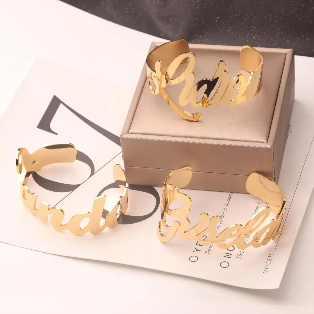 Personalized Name Women's Bangle Stainless Steel Adjustable Cuff Stackable Bracelets