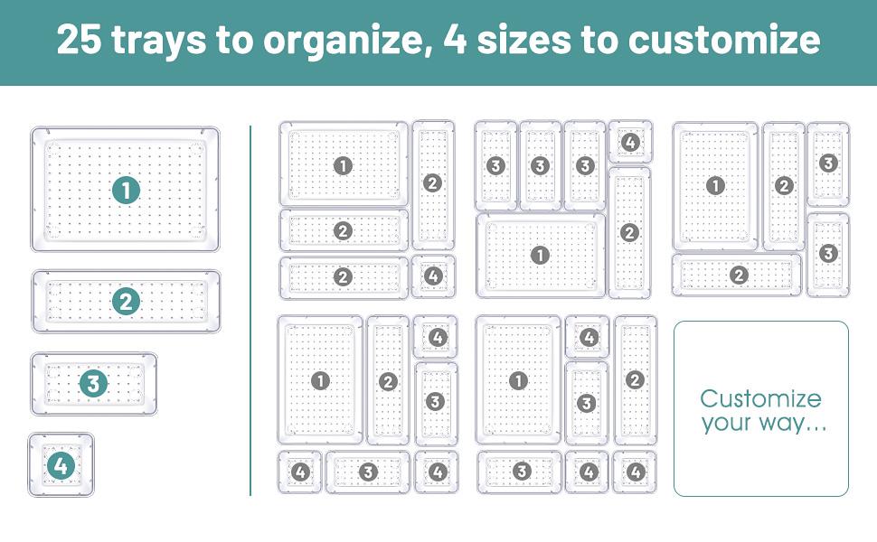 25 PCS Clear Plastic Drawer Organizer Set, 4 Sizes Desk Drawer Divider Organizers and Storage Bins for Makeup, Jewelry Boxes