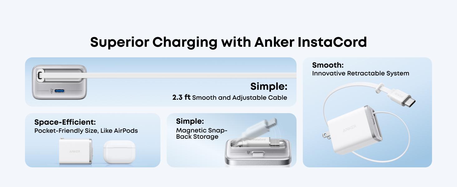 Anker Nano USB C Charger Block, 35W Max 2-Port High-Speed Compact Charger with Durable Built-in Anker InstaCord Retractable Cable, Works with iPhone 17/16 Series, iPad, Pixel, and More