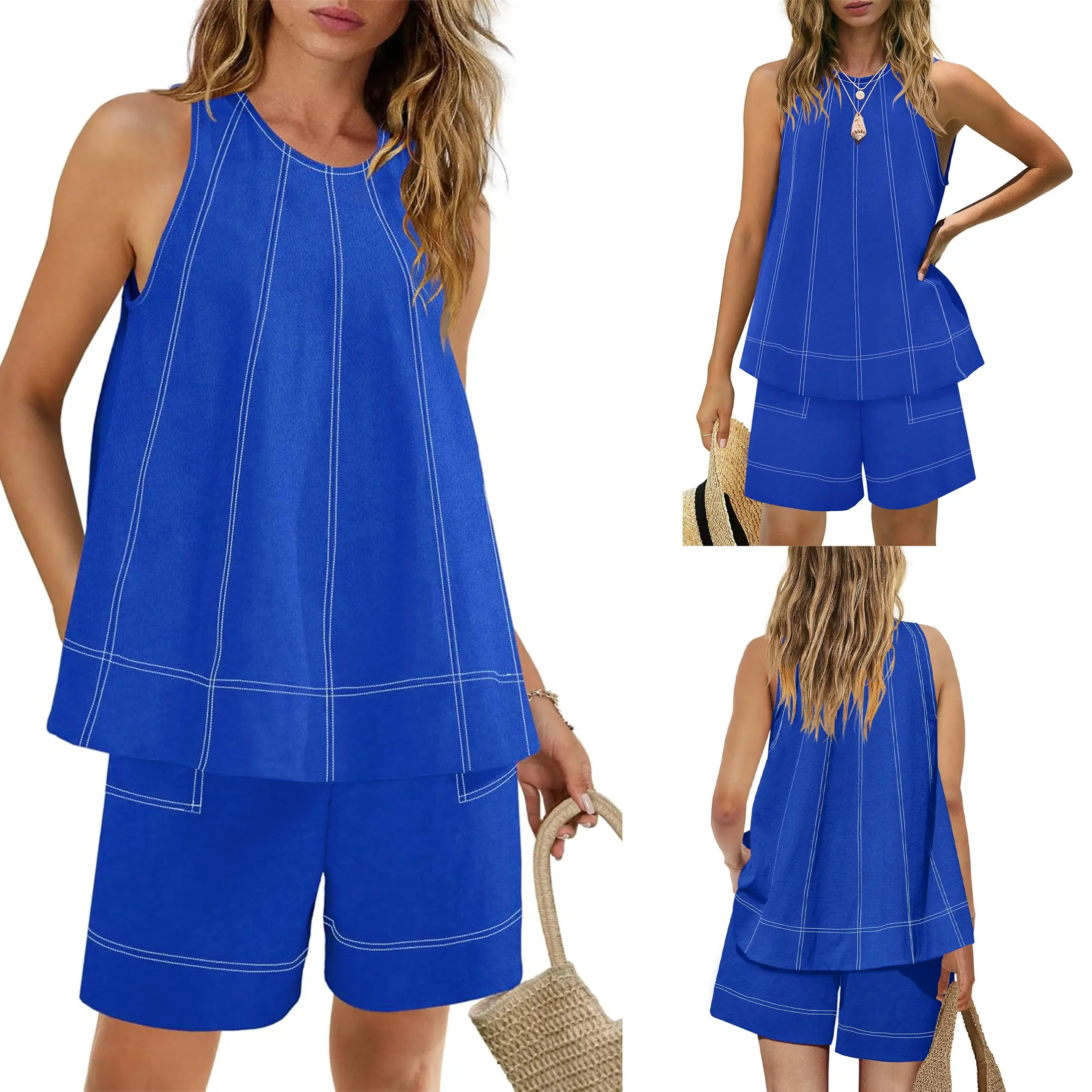 Mundoven Womens Short Sets 2 Piece Vacation Outfits Sleeveless Tank Top and Shorts Matching Set with Pockets