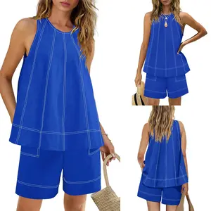 Mundoven Womens Short Sets 2 Piece Vacation Outfits Sleeveless Tank Top and Shorts Matching Set with Pockets